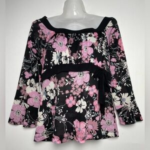 Black White Pink Floral Sheer Bell Sleeves Y2K Blouse Top Size XL Bow Vintage